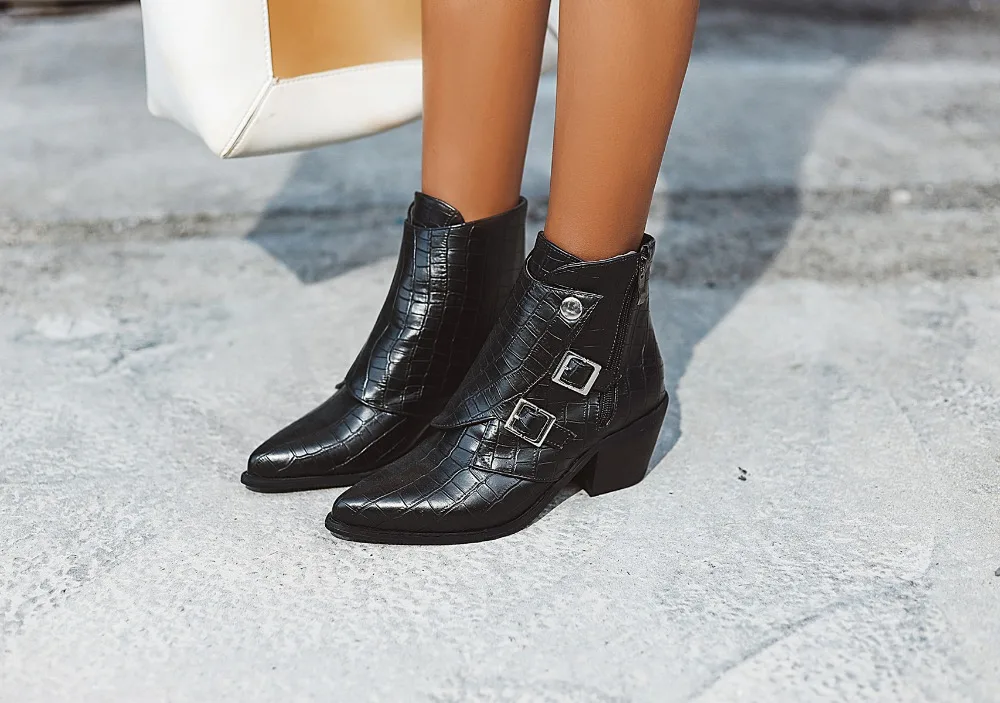 Женские ботильоны на высоком квадратном каблуке; botas zapatos mujer; зимняя кожаная обувь в стиле ретро; ботинки в ковбойском стиле; большие размеры