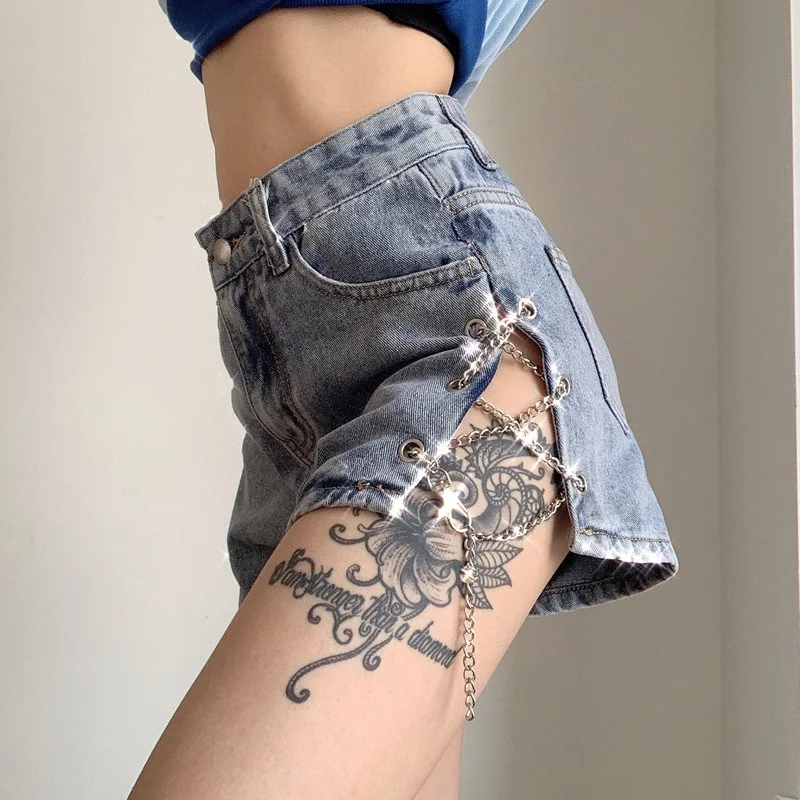 

2021 new denim shorts women's summer sexy side split high waist A-line hot pants ripped jeans for women clothes