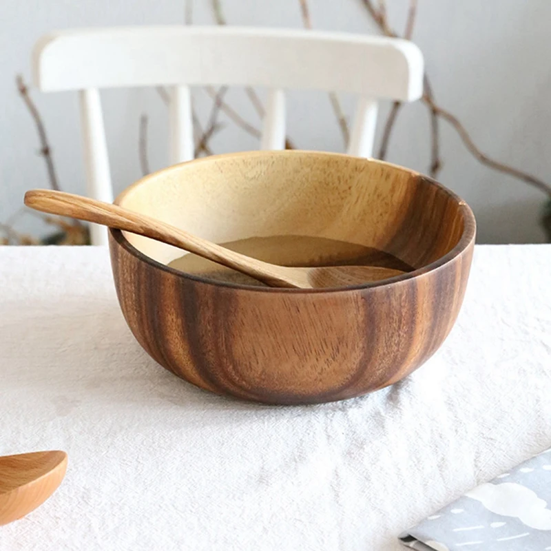 

Wooden Portable Set Spoon Fork Chopsticks Tableware Dinnerware with Khaki Twining Thread with Wooden Salad Bowl