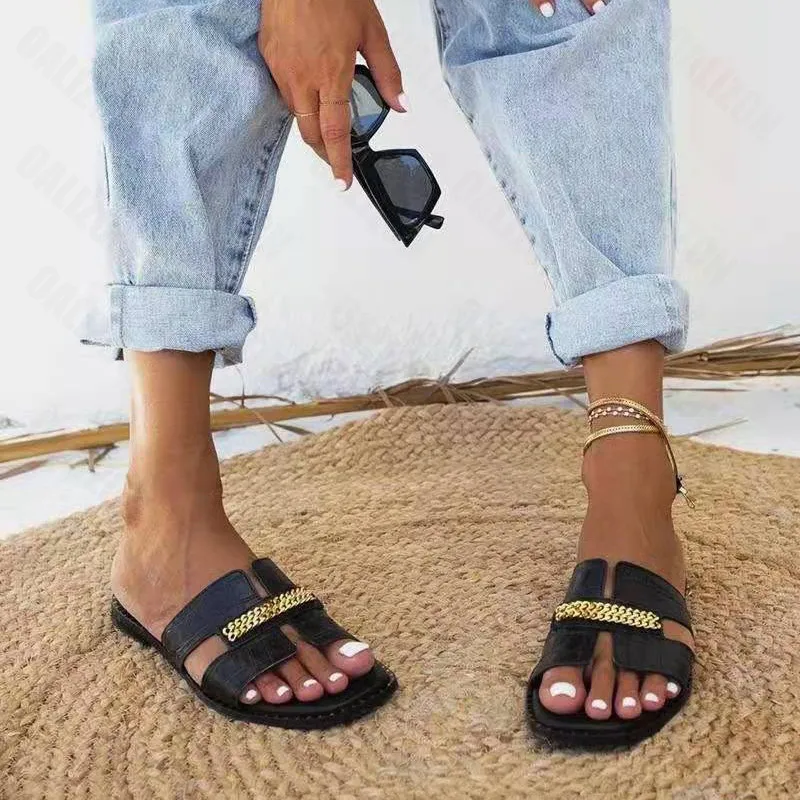 

2021 New Classic Designer Women Flat Flip Flops Double Chain Sandal Slippers Shoes Women Lady Flats Slippers Sandals Shoes