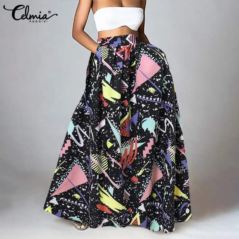 

Celmia Casual High Waist Long Skirt Loose Women Female Holiday Maxi Skirt 2021 Fashion Geometric Print Vintage A-line Party Jupe
