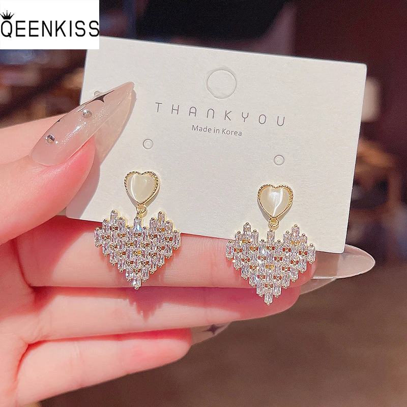 

QEENKISS EG7330 Fine Jewelry Wholesale Fashion Woman Birthday Wedding Gift Heart Zircon 925 Sterling Silver Needle Stud Earrings