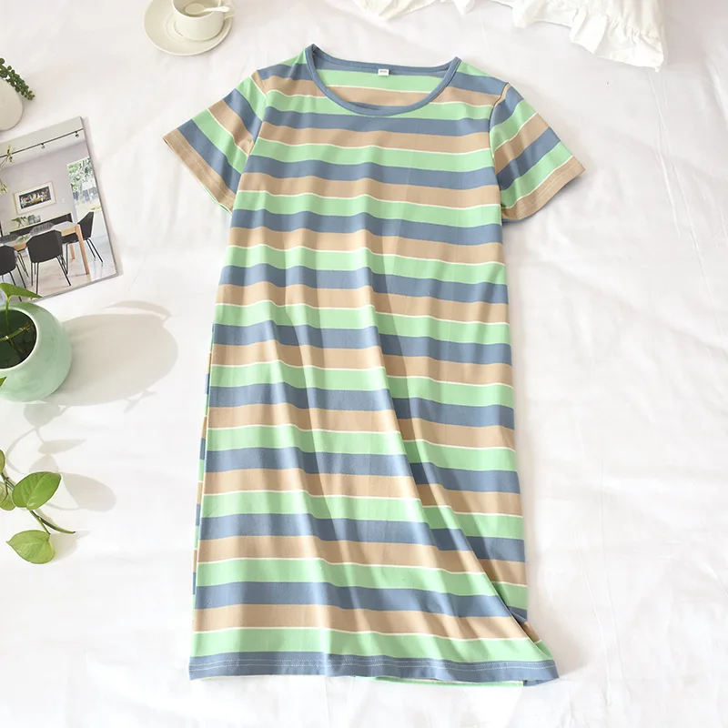 

Knitted Cotton Night Dress Color Stripes Women Nightie Short Sleeves Sleepshirt Plus Size Loose Nightgown Ladies Sweet Sleepwear