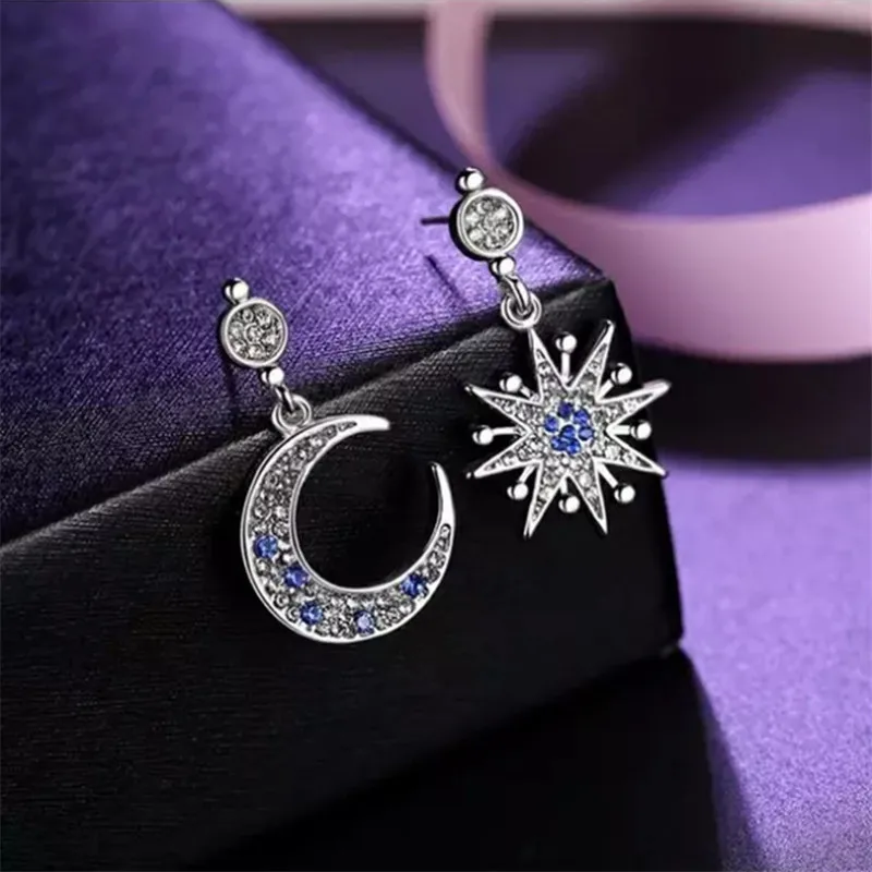Новые корейские Серебристые серьги гвоздики с асимметричной звездой и луной