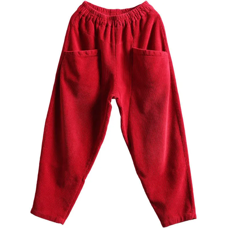 

Retro Corduroy Baggy Harem Pants Women 2020 Autumn Winter Warm High Waist Trouser Casual Elastic Waist Double Pocket Pant Capris