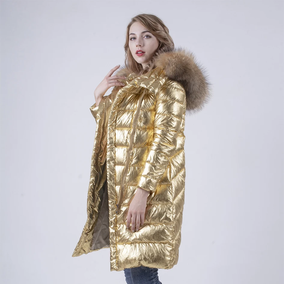 Женская парка с натуральным мехом золотистая или желтая водонепроницаемая