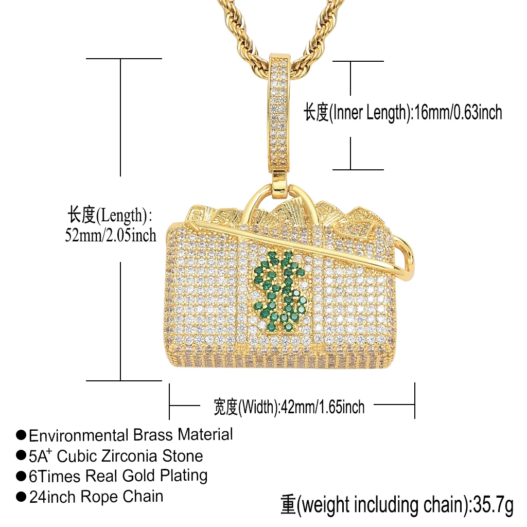 

1 Iced Out Bling Hip Hop Jewelry Dollar Sign Bag Charm Pendant Micro Paved CZ Stone Cash Coins Brass Pendant Necklace Choker