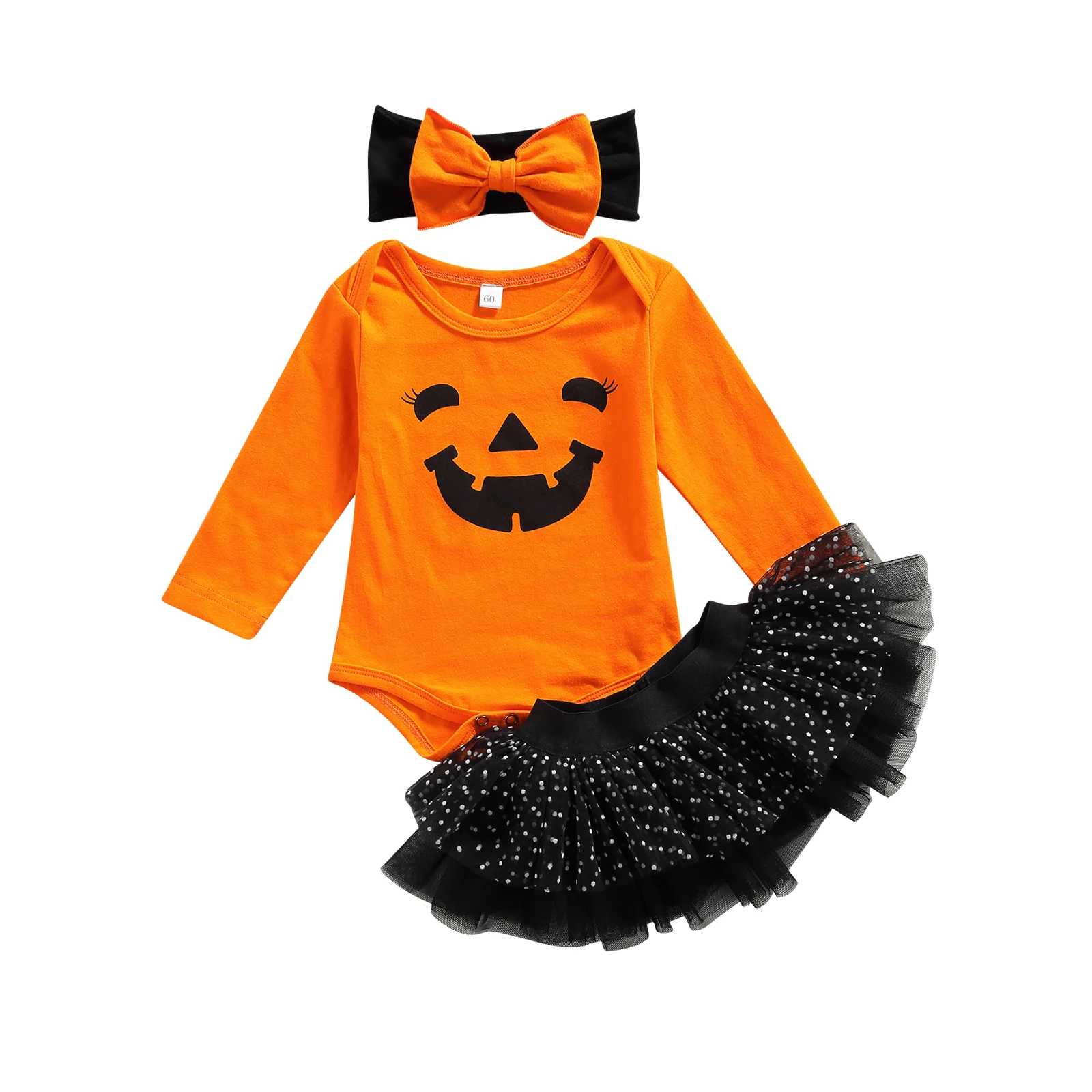 

3PCS Baby Girls Halloween Outfits, Long Sleeve Pumpkin Face Romper + Tutu Skirt + Headband Set