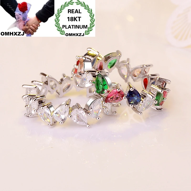 

OMHXZJ Wholesale European Fashion Woman Girl Party Birthday Wedding Gift Water Drop Colorful Zircon 18KT White Gold Ring RR900