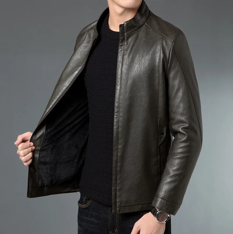 Зимняя мужская кожаная куртка дизайнерское пальто со стоячим воротником мужское