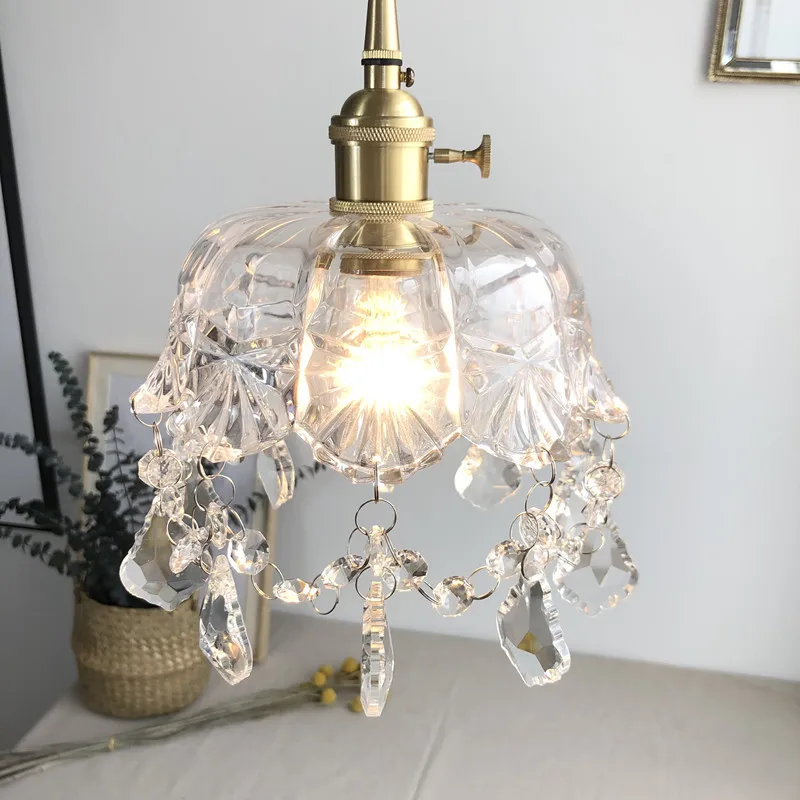 

OYGROUP Pendant Lamp E27 Retro Brass Glass Small Hanging Simple Modern Bedside Balcony Crystal Lamp Aisle Entrance Corridor Lamp
