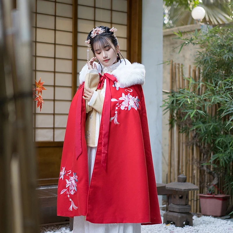 

Плащ Hanfu для женщин, традиционное китайское древнее зимнее пальто с вышивкой, классические танцевальные костюмы династии Хань/Тан/мин, VO429