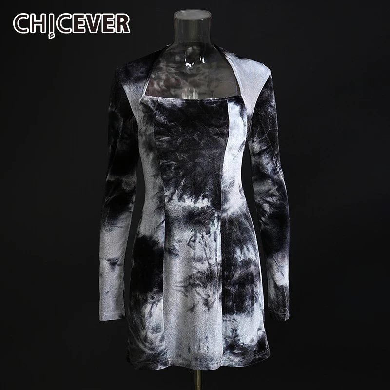 

CHICEVER Casual Tie Dye Colorblock Dress For Women Square Collar Long Sleeve High Waist Mini Dresses Female Korean Fashion 2021