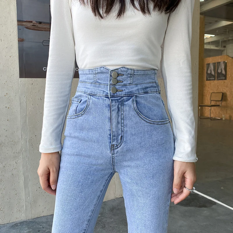 

Женские джинсы с завышенной талией, облегающие эластичные брюки-карандаш с тремя пуговицами, в Корейском стиле, Осень-зима 2021