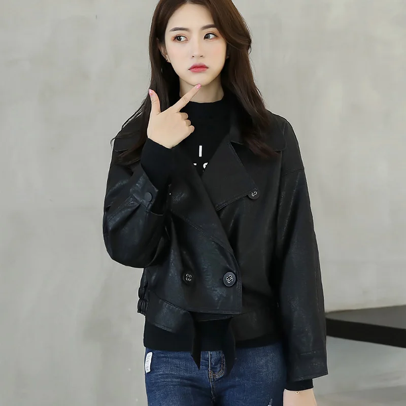 

2021 New Fashion Faux Leather Jacket Women Bat Sleeve Loose Female Motorcycle Biker Casual Large Lapel Short Jackets Coats