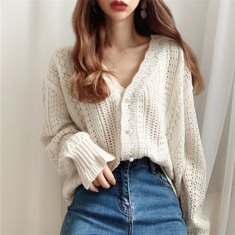

Korean Fashion Women Cardigans Sweater V Neck Elegant Knitted Long Sleeve Hollow Out Sexy Tops Pull Femme Casual Kawaii Clothing