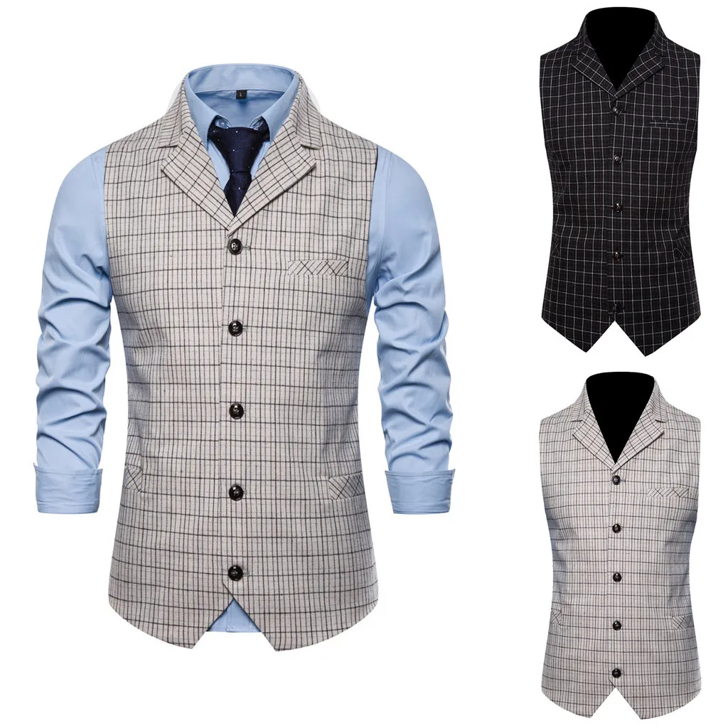 Men Fashion Business Smart Casual plaid double breasted vest Wedding Party Waistcoat Tops vintage gilet Jacket free shiping