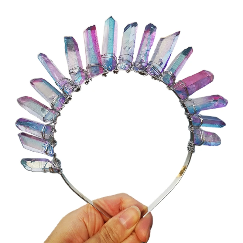 

Raw Crystal Quartz Tiara Headband Multicolor Gradient Jewelry Sun Goddess Crown Wedding Bridal Holiday Party Hair Hoop