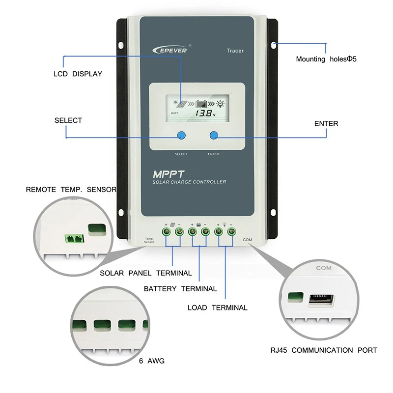 Контроллер заряда солнечной батареи EPever MPPT 40A/30A/20A/10A ЖК-Регулятор с черной