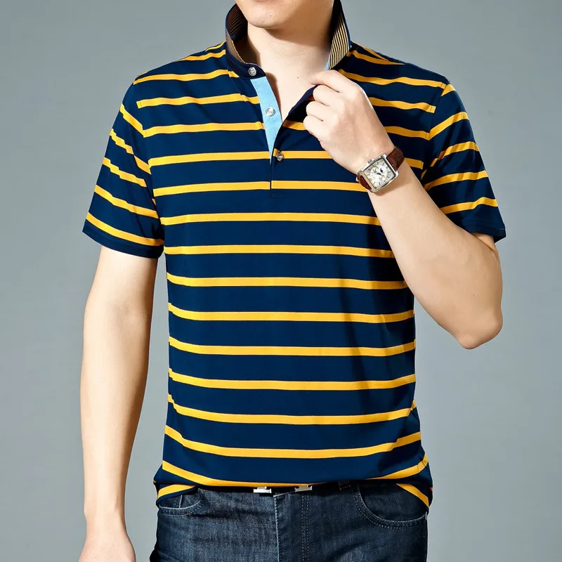 

Мужская рубашка-поло для мужчин среднего возраста, летняя новая хлопковая футболка с коротким рукавом, Мужская модная полосатая футболка