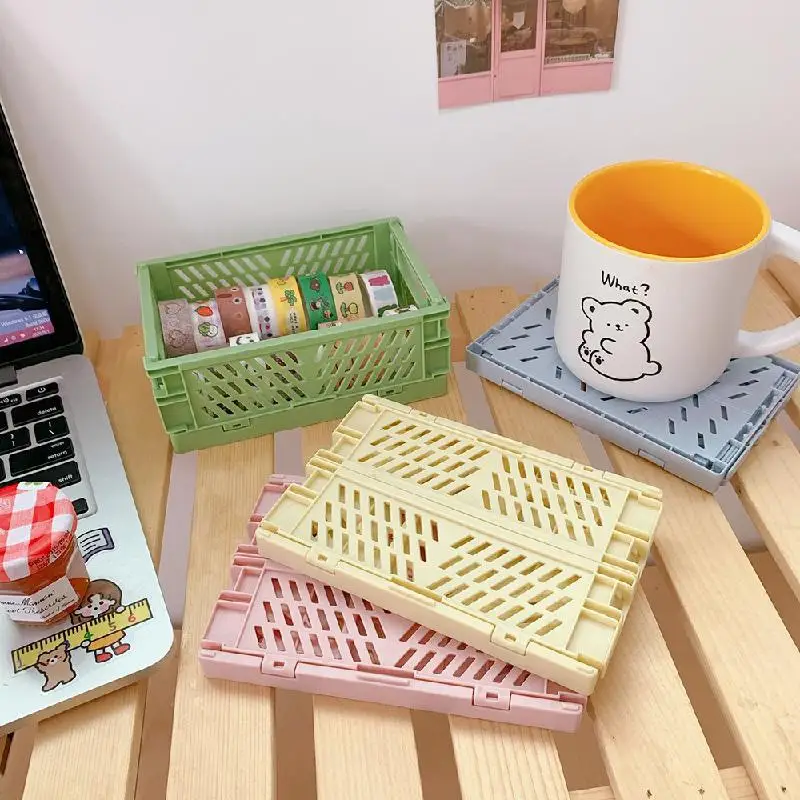 Ins Kawaii Desktop Folding Plastic Storage Basket Sundry Toys Snack Box Dormitory Artifact Finishing Small Frame | Дом и сад