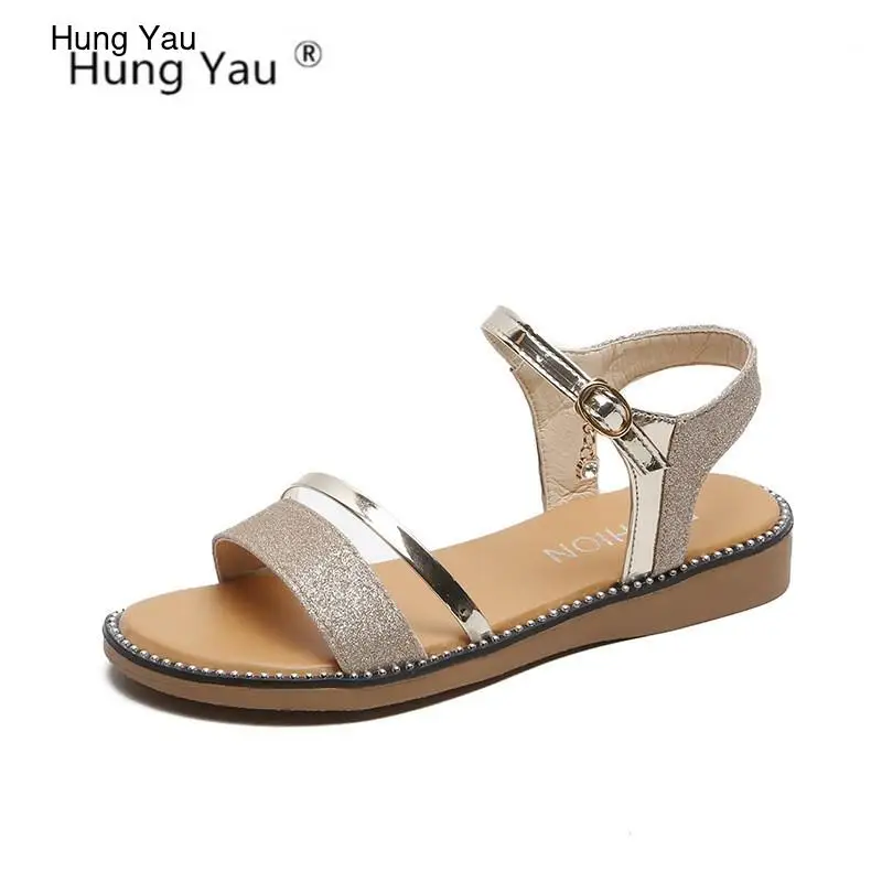 Сандалии женские летние на плоской подошве туфли с открытым носком блестящие