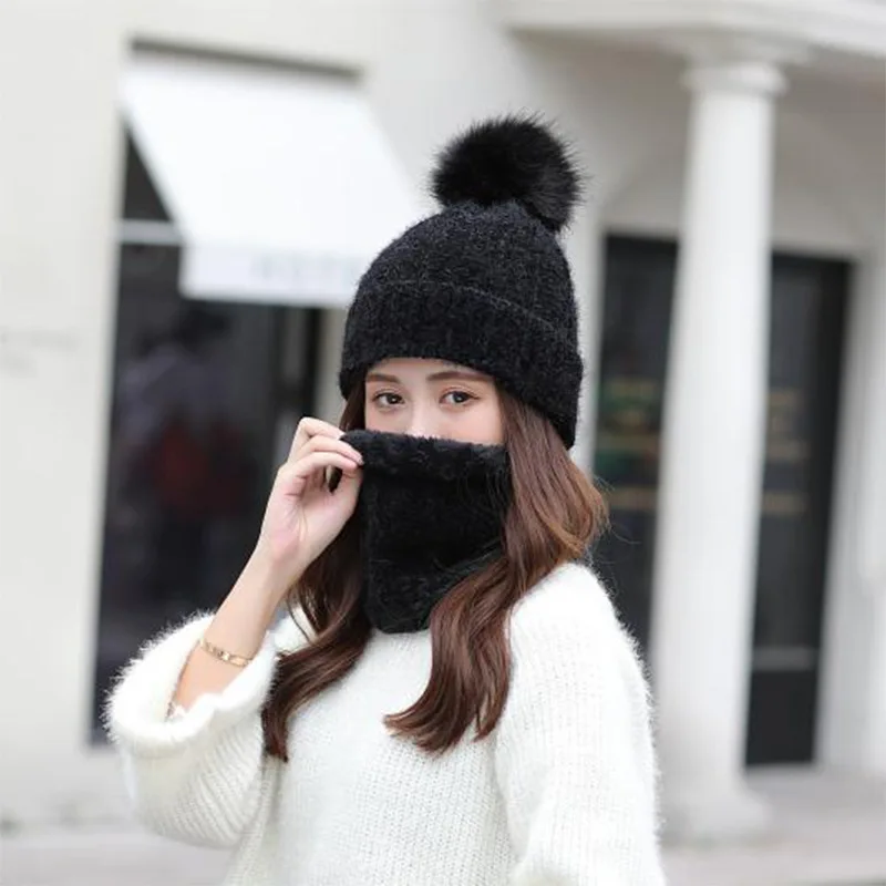 Hat Scarf Set Winter Women Plus Velvet Thick Warm Outdoor Sport Chenille Knit Hat And Scarf Korean Female Beanies Caps F24810AD