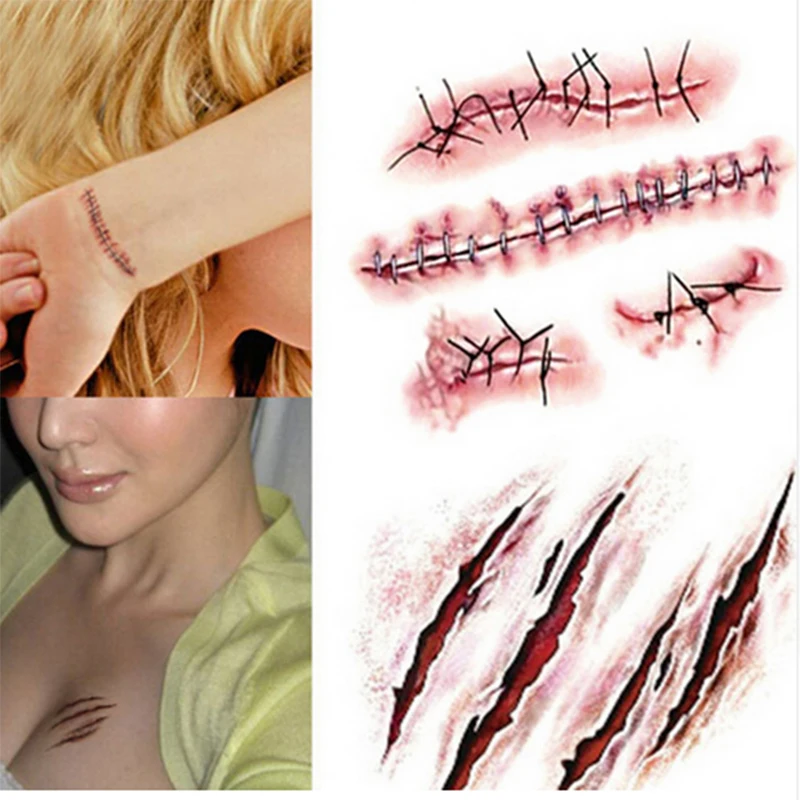 

Body Makeup Tattoo Stickers Halloween Terror Realistic Stitched Injuries Wounds Non-toxic Long Lasting Temporary Tattoo Stickers