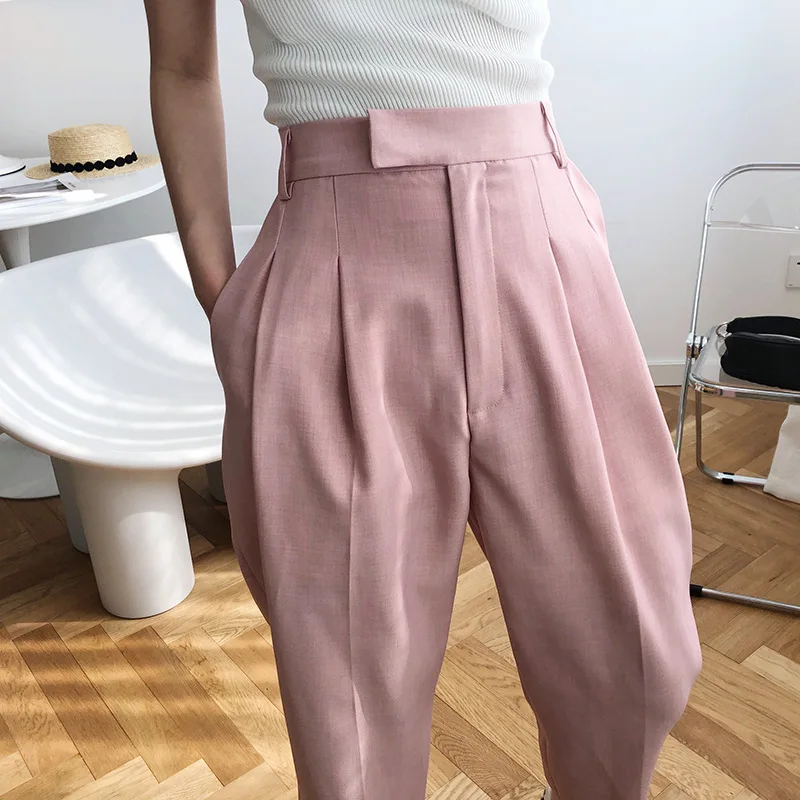 

White Suit Pants Woman High Waist Loose Harem Pants Pockets Office Ladies Pants Female Fashion Pink Trousers Korean Style New