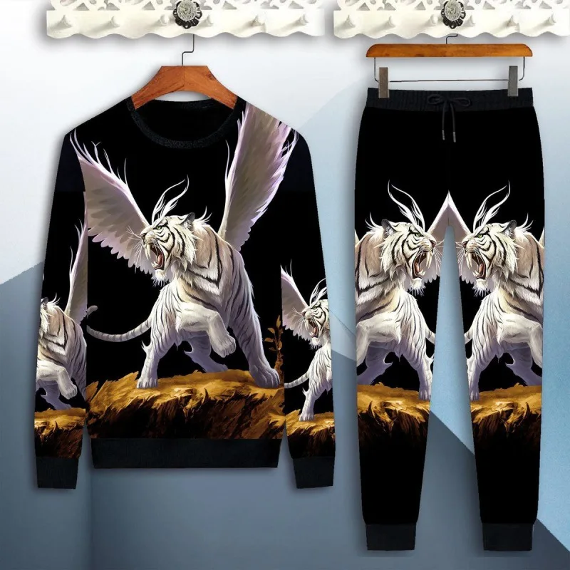 

Men Long Sleeve T-shirt Casual 3DDragon pattern T-shirt Pants 2 Piece Clothing Chinese Style Dragon Suit Autumn Winter Hot Sale