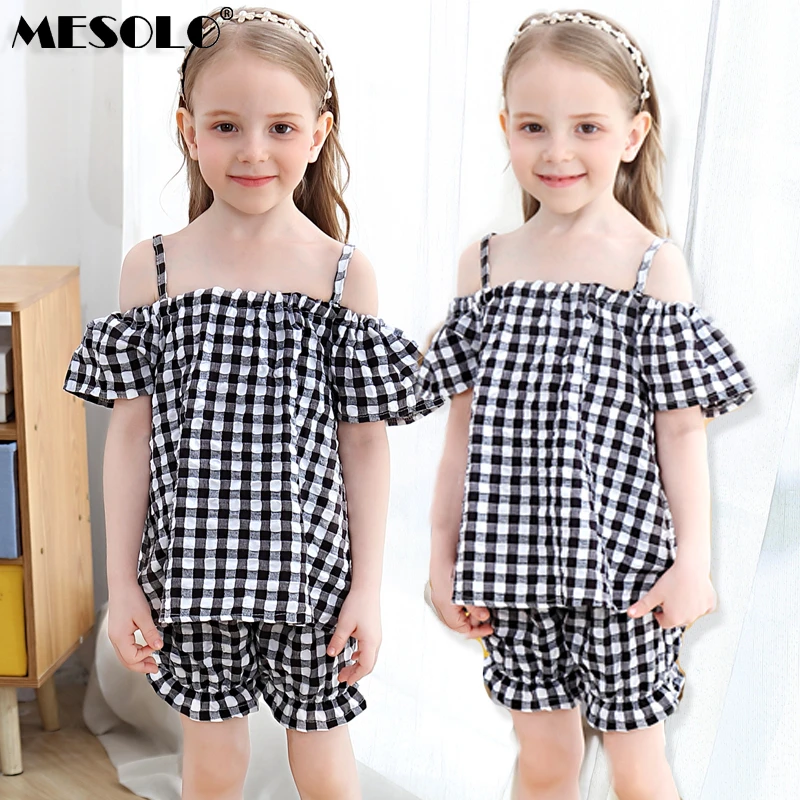 Модный клетчатый комплект для девочек топ на бретельках с открытыми плечами