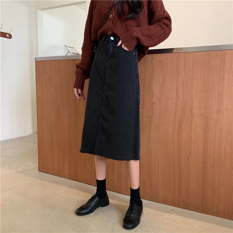 

2021 Spring New Retro Black High Waist Thin Frayed Denim Skirt All-match Casual Simple Women A-line Long Skirt Free Shipping