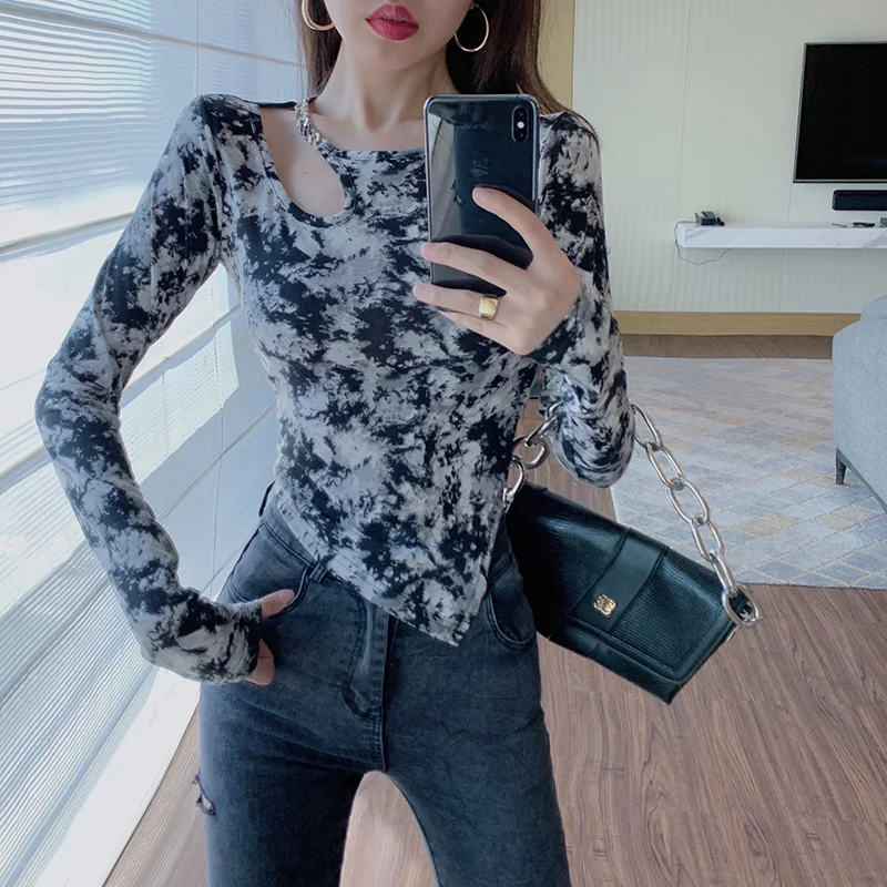 

HziriP Tie Dye O-Neck Sexy T-Shirt Split Fork Full Sleeved Women Hollow Out Top New 2021 Autumn All-Match Fashion Elegant Gentle