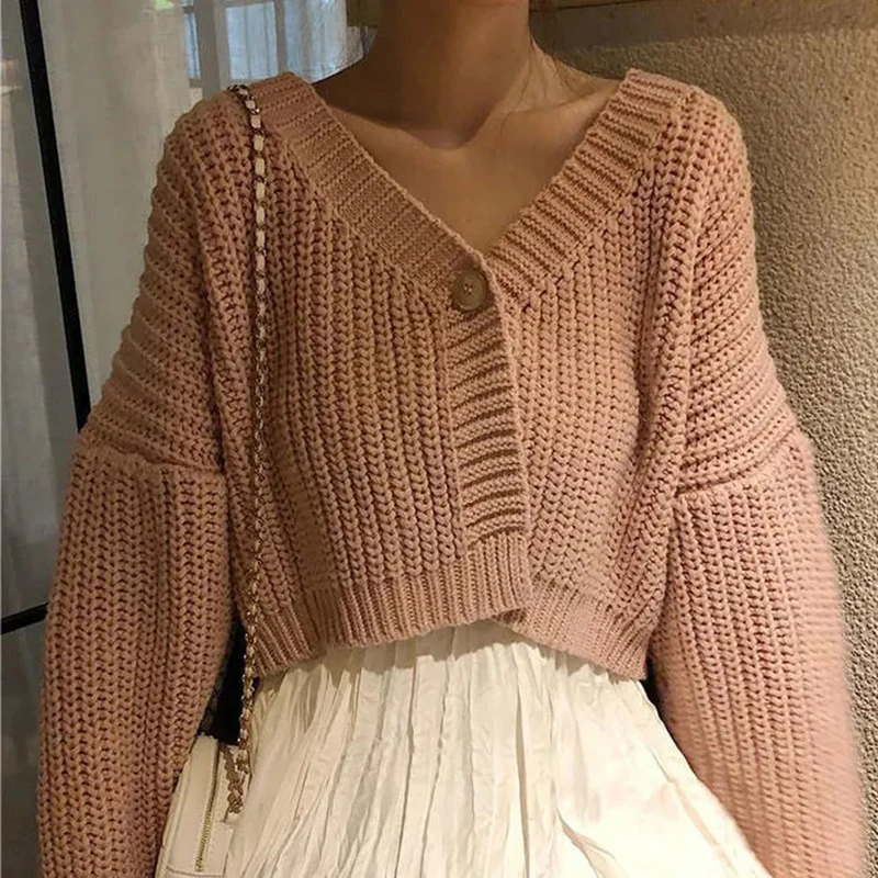

Autumn Sweet Cute V-neck Single Button Knitted Cardigan Sweater Korean Style Warm Long Sleeve Short Sweater Casual Loose Sweater