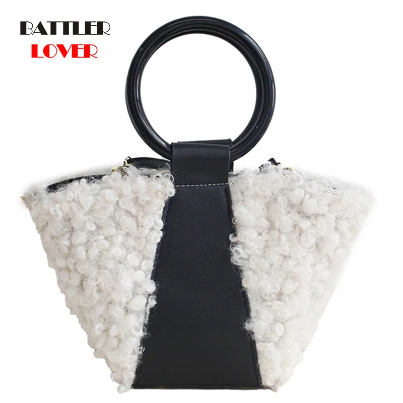 

Contrast Color Ring Tote Bucket Bag Women 2021 Winter High Quality Female Designer Handbag Ladies Plush Shoulder Messenger Purse