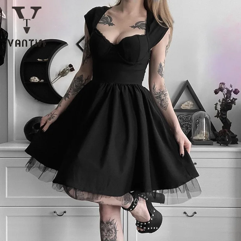 

Woman Dress Summer Streetwear Casual Punk Sexy Dress Black Square Collar A-line Skirt Irregular Short Skirt for Female Party