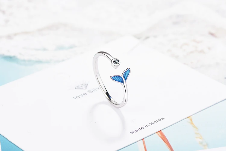 

925 Sterling Silver New Woman Fashion Jewelry High Quality Crystal Zircon Blue Fishtail Ring Adjustable Size Open Ring