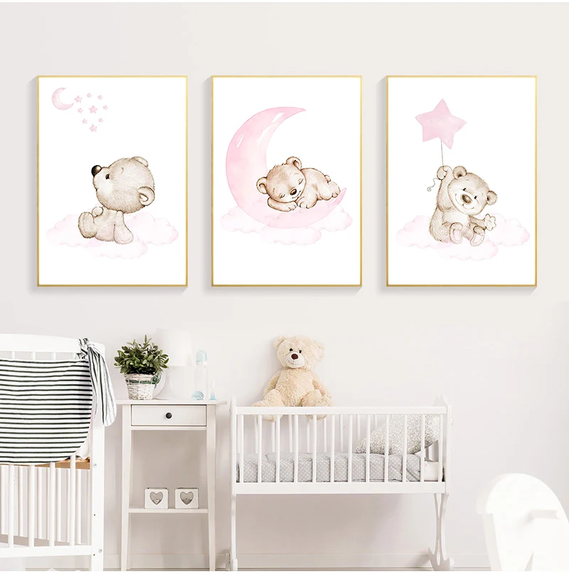 

Pink Bear Moon Star Cartoon Animal Canvas Painting Nordic Posters and Prints Canvas Wall Art Painting for Baby Kid Bedroom Decor