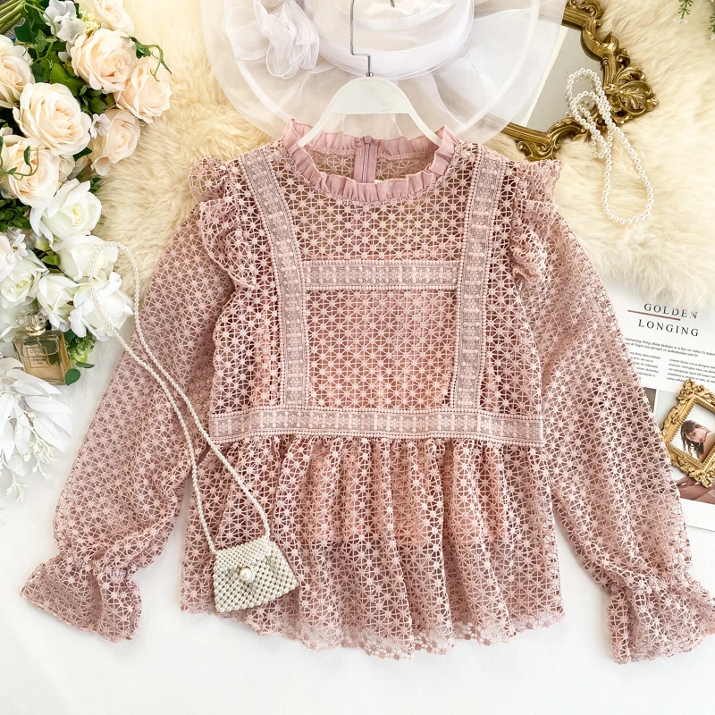 Женская ажурная блузка с оборками повседневный пуловер длинным рукавом и