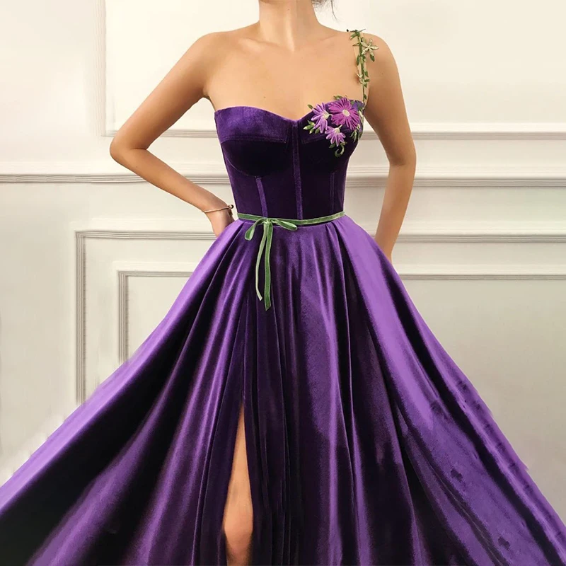 

Fashion Grape Evening Dress Sweetheart A-Line Split Sexy Embroidery Long Evening Dresses Formal Gowns