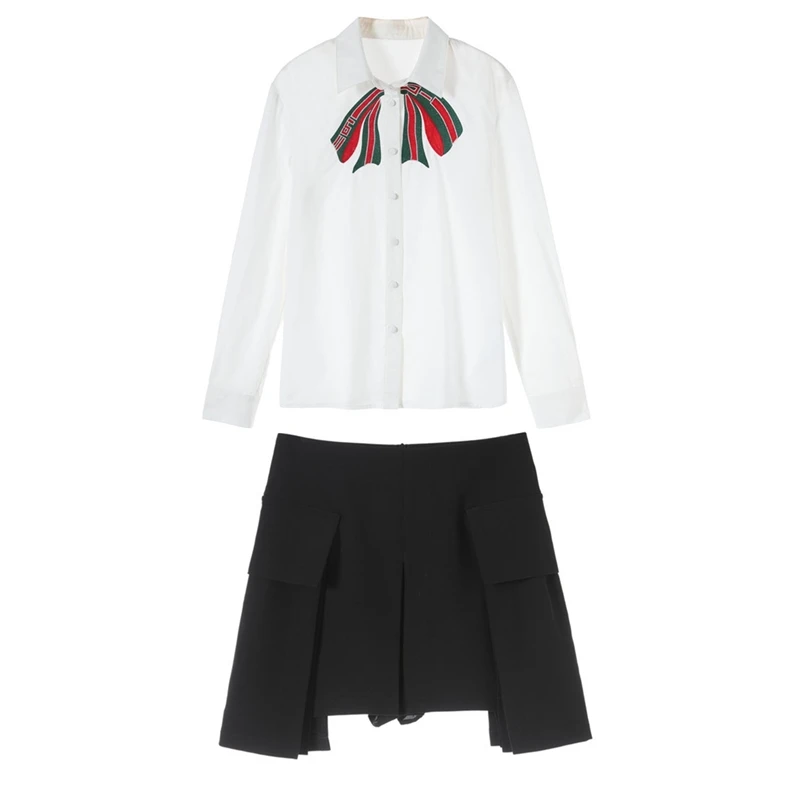 

Autumn new style bow embroidery lapel single-breasted falbala bust skirt suit white shirt
