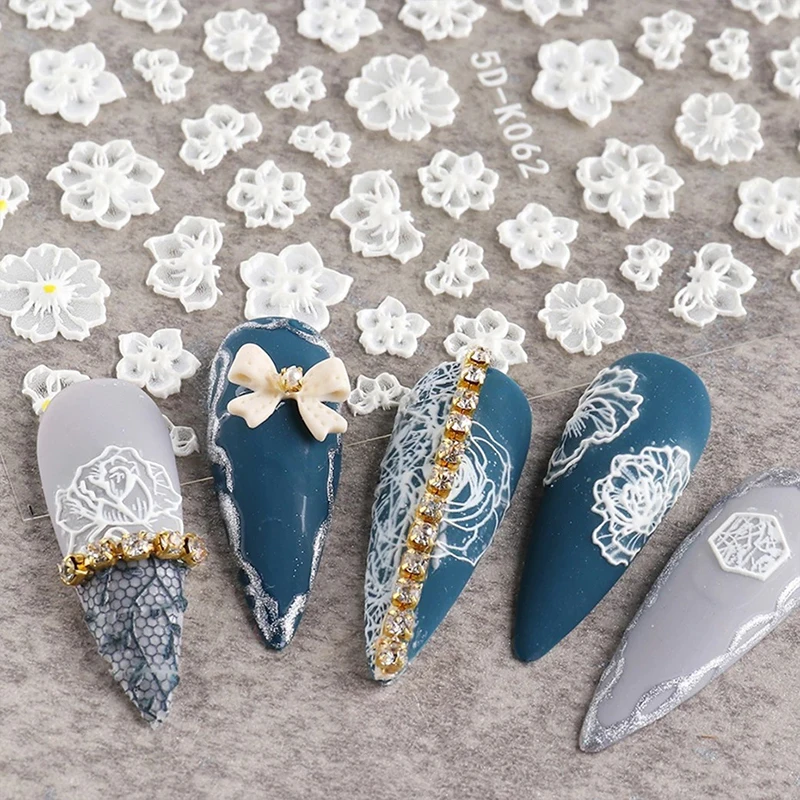

5D Lace Relief Stickers Nail Art Decoration DIY Manicure Embossed Classical Florial Geometry Wihte Design Nail Stickers Decal