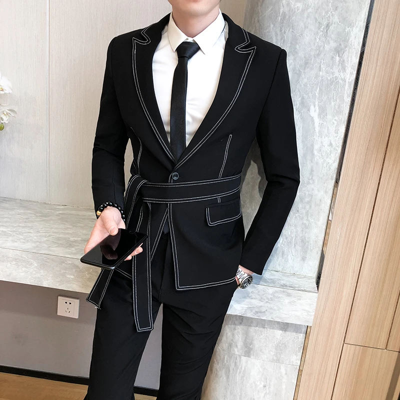 

2020 Spring New Suit Men Single Button Mens Slim Fit Suits with Pant Casual Stage Wedding Dress Belt Prom Tuxedo Costume Homme