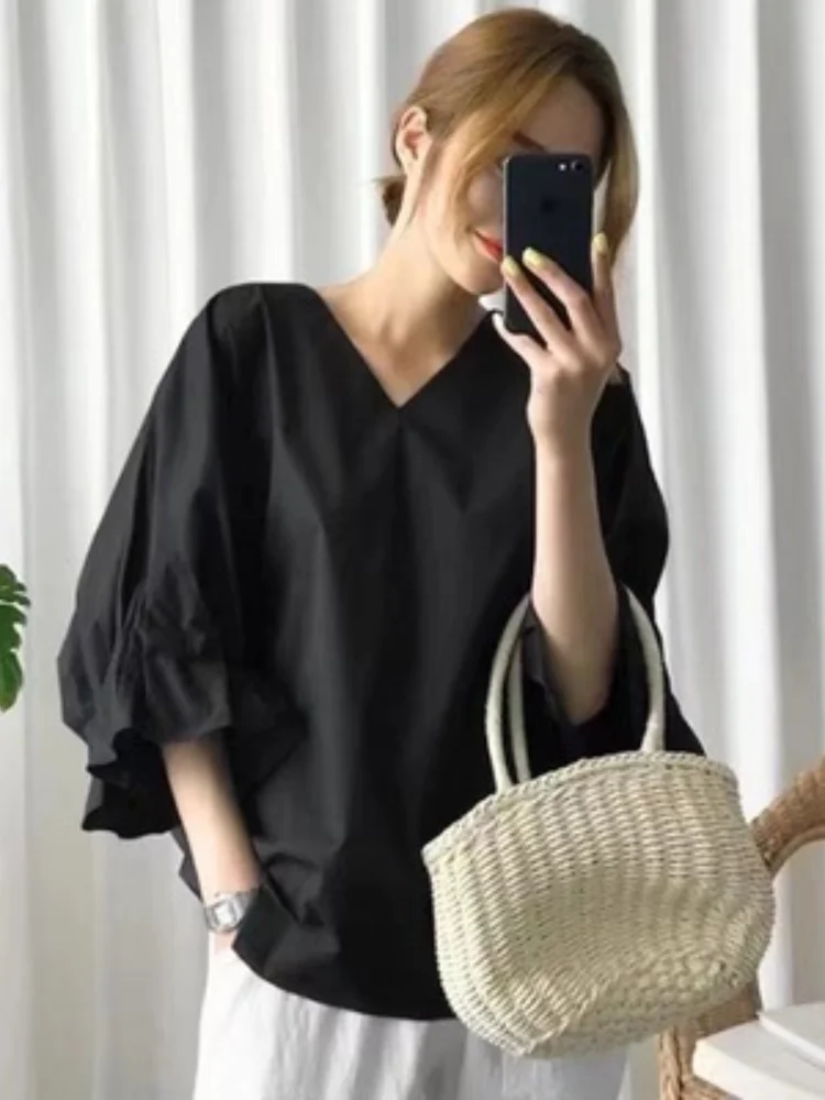 

Women's Tops Short Sleeve Large Size Loose Shirt V Neck Lotus Leaf Drop Shoulder Shirt