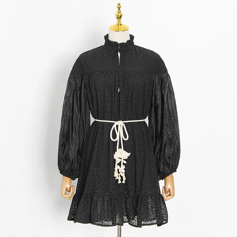 

Women Summer Dress 2021 Spring Fashion Mesh Stitching Hollow Design Stand-up Collar Ruffle White Long Sleeve Strappy Mini Dress