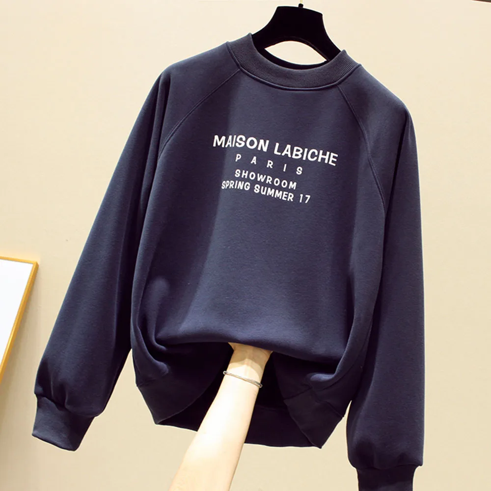 

Korean Plus Velvet Women Hoodie Pullover Sweater Autumn Winter Letter Color Block Loose Coat Thick Half High Collar Top Hoohed