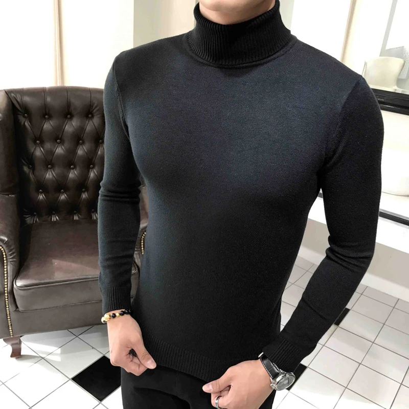 Мужской плотный теплый свитер с высоким воротом облегающий трикотажный пуловер