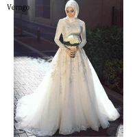 verngo muslim arabic satin and lace long sleeves wedding dress high neck a line bride gowns vintage sweep train robe de mariage