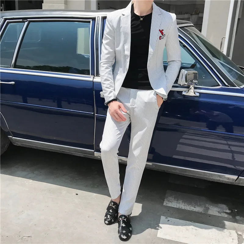 2019 autumn men's single button business casual suits Men's fashion embroidery letter suit two-piece blazer + pants | Мужская