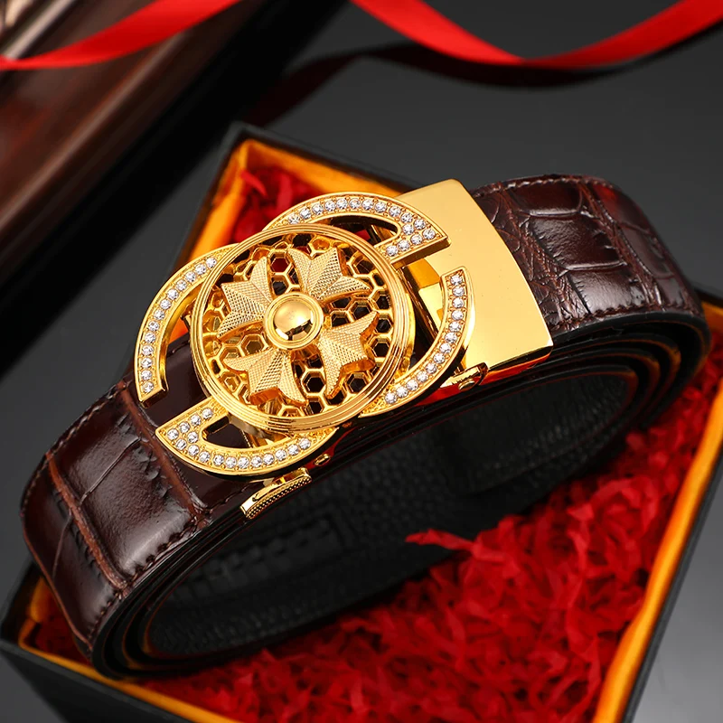

Luxury Genuine Leather Men Belt Jeans Rhinestone Metal Rotatable Belt Buckle High Quality Business Belt Male Waistband Belts New